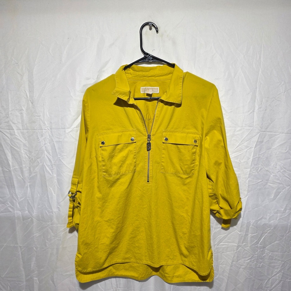 Michael Michael Kors Yellow Roll Tab Sleeve Half Zip Utility Blouse Large